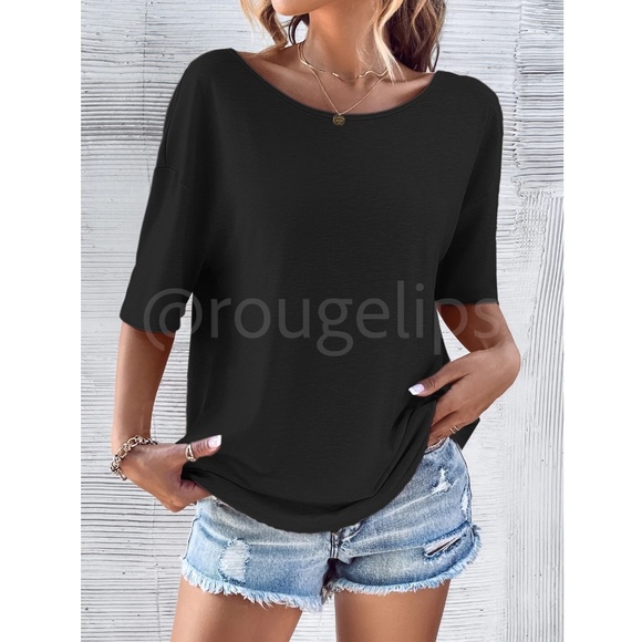 Black Tee Shirt Cut Put Mock Racer Back Batwing Sleeve Loose Fit Boat Neck - Picture 5 of 7